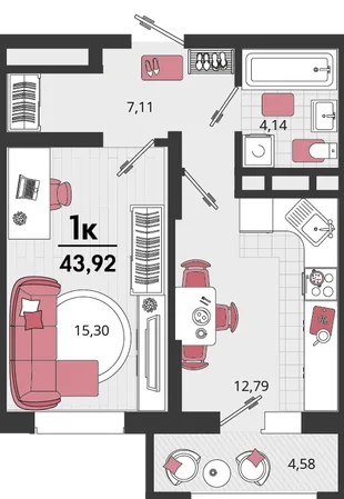 Планировка 1-комн. квартира, 43.92 м² ЖК «Родные просторы»