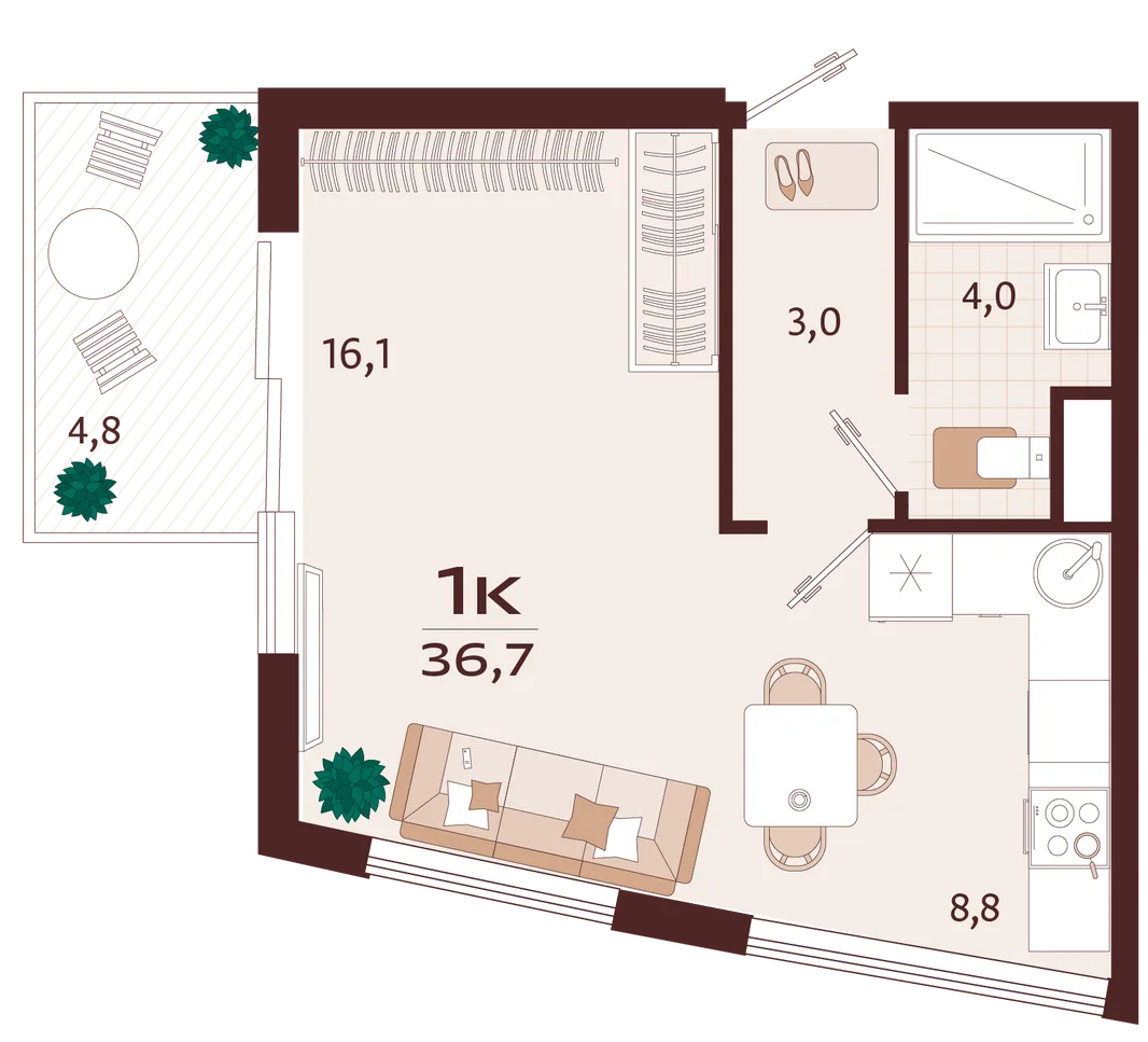 Планировка 1-комн. квартира, 36.7 м² ЖК «Роялта»