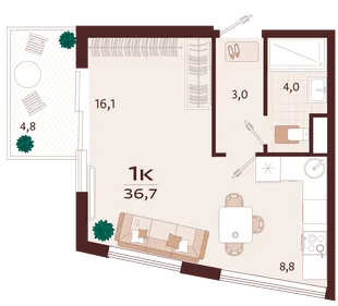 Планировка 1-комн. квартира, 36.7 м² ЖК «Роялта»
