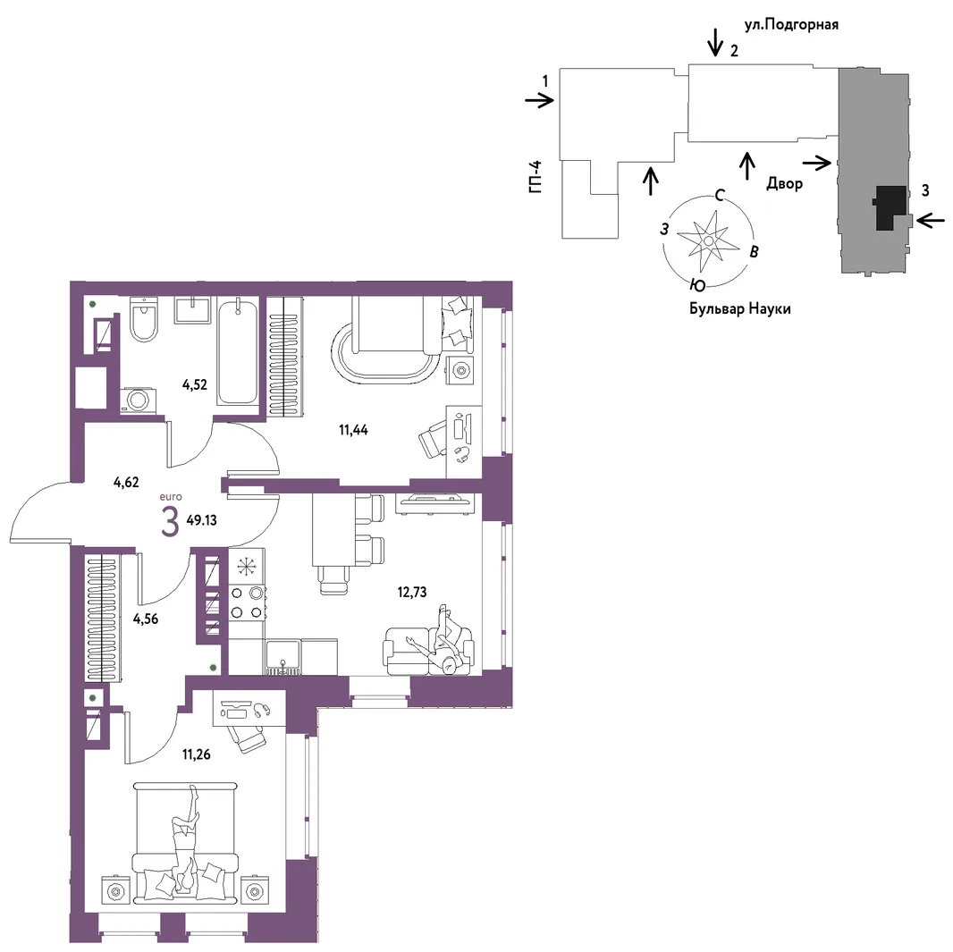 Планировка 3-комн. квартира, 49.13 м² ЖК «Авторский»