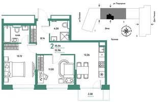 Планировка 2-комн. квартира, 55.69 м² ЖК «Авторский»