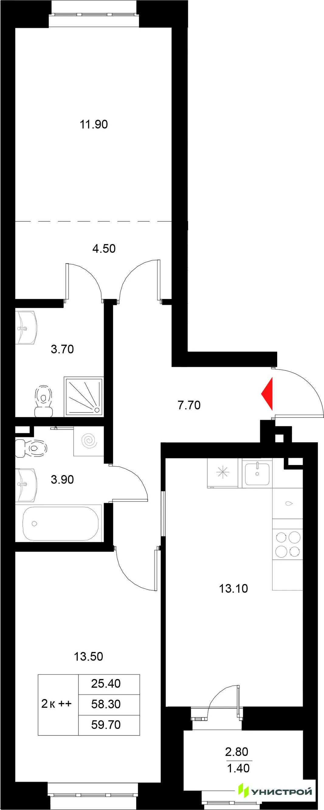 Планировка 2-комн. квартира, 59.7 м² ЖК «Уникод на Технической»