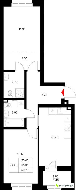 Планировка 2-комн. квартира, 59.7 м² ЖК «Уникод на Технической»
