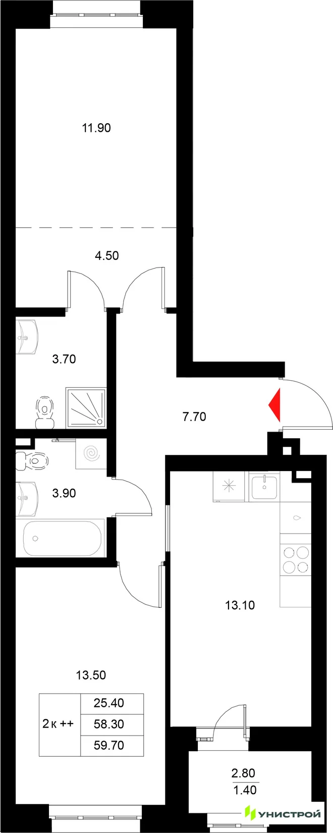 Планировка 2-комн. квартира, 59.7 м² ЖК «Уникод на Технической» Планировка 2-комн. квартира, 59.7 м² ЖК «Уникод на Технической»