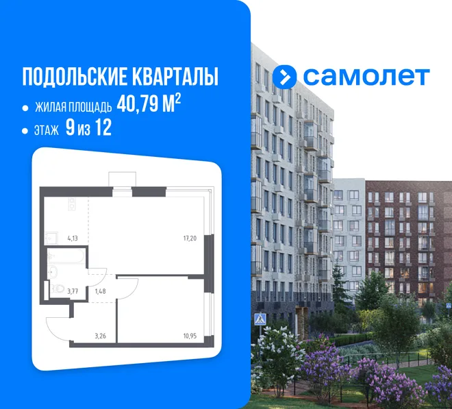 Планировка 1-комн. квартира, 40.79 м² ЖК «Подольские кварталы» Планировка 1-комн. квартира, 40.79 м² ЖК «Подольские кварталы»