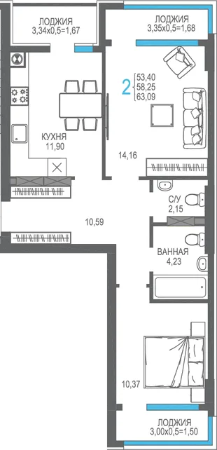 Планировка 2-комн. квартира, 58.25 м² ЖК «На Фонтанке»