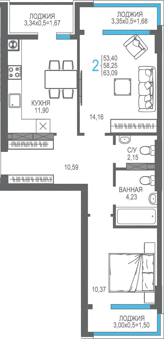 Планировка 2-комн. квартира, 58.25 м² ЖК «На Фонтанке» Планировка 2-комн. квартира, 58.25 м² ЖК «На Фонтанке»