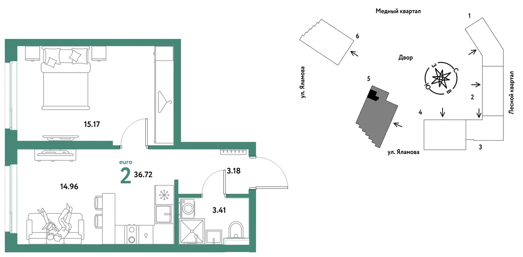 Планировка 2-комн. квартира, 36.72 м² ЖК «Сибирский сад»