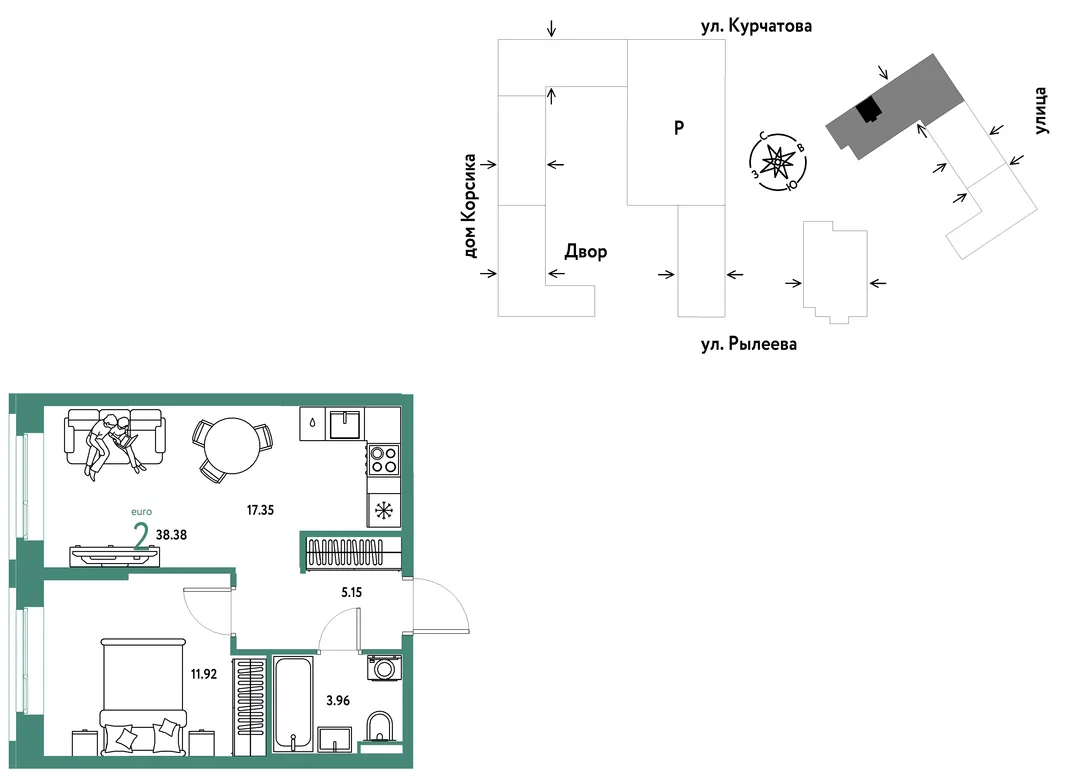 Планировка 2-комн. квартира, 38.71 м² ЖК «Остров-сад»