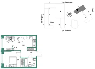 Планировка 2-комн. квартира, 38.71 м² ЖК «Остров-сад»