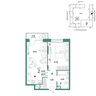 Планировка 2-комн. квартира, 43.07 м² ЖК «Юнион»