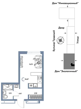 Планировка Студия, 24.67 м² ЖК «Микрорайон Домашний»
