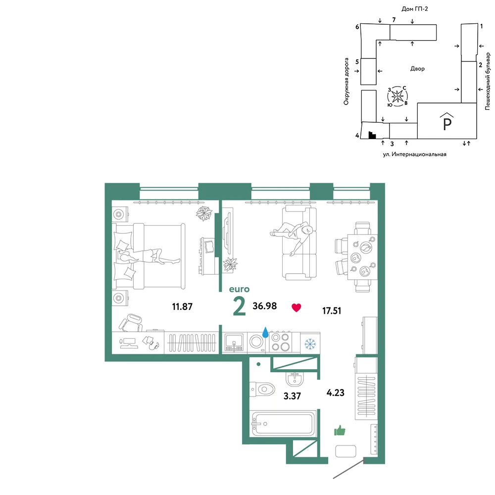 Планировка 2-комн. квартира, 36.98 м² ЖК «Юнион»