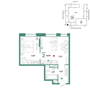 Планировка 2-комн. квартира, 36.98 м² ЖК «Юнион»