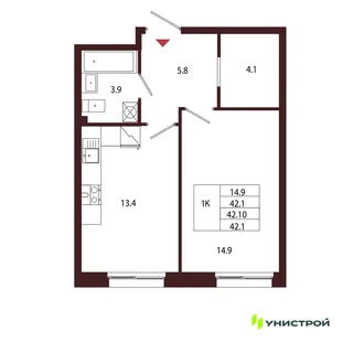 Планировка 1-комн. квартира, 42.1 м² ЖК «Лисино»