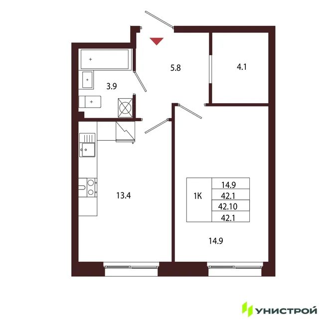Планировка 1-комн. квартира, 42.1 м² ЖК «Лисино» Планировка 1-комн. квартира, 42.1 м² ЖК «Лисино»