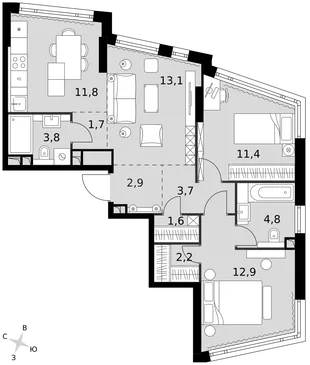Квартира 3-комн. квартира, 69.9 м² ЖК «Rotterdam» Фото 1