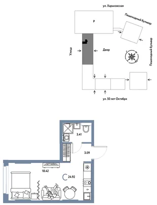 Планировка Студия, 24.92 м² ЖК «Сердце Сибири»