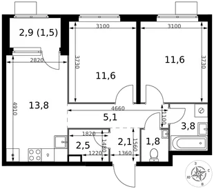 Планировка 2-комн. квартира, 53.8 м² ЖК «1-й Химкинский»