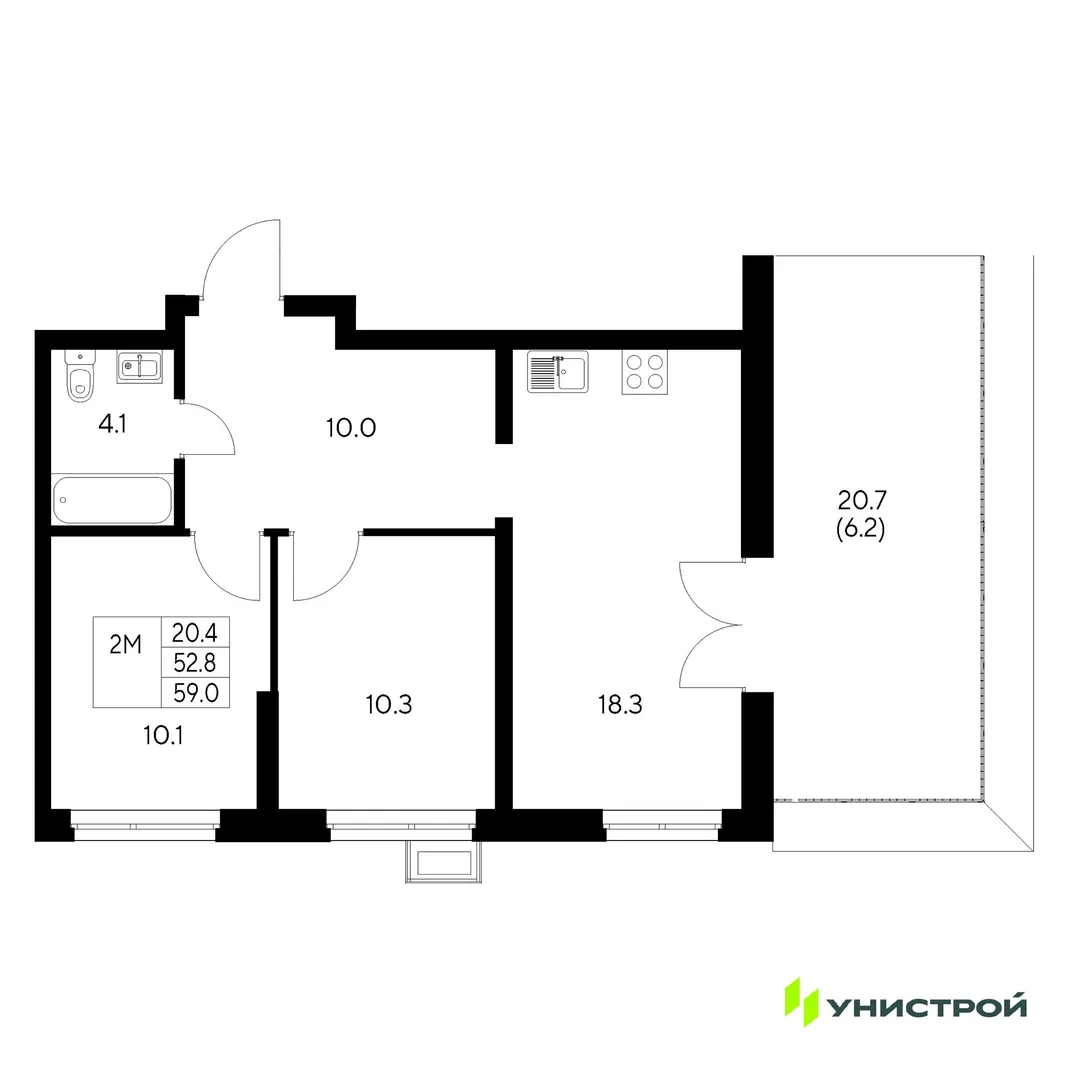 Планировка 2-комн. квартира, 59 м² ЖК «Стадиум»