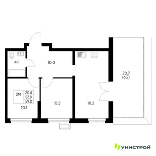 Планировка 2-комн. квартира, 59 м² ЖК «Стадиум»