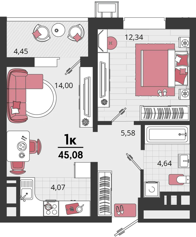 Планировка 2-комн. квартира, 45.08 м² ЖК «Родные просторы»