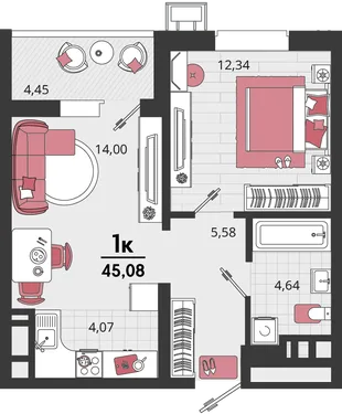 Планировка 2-комн. квартира, 45.08 м² ЖК «Родные просторы»