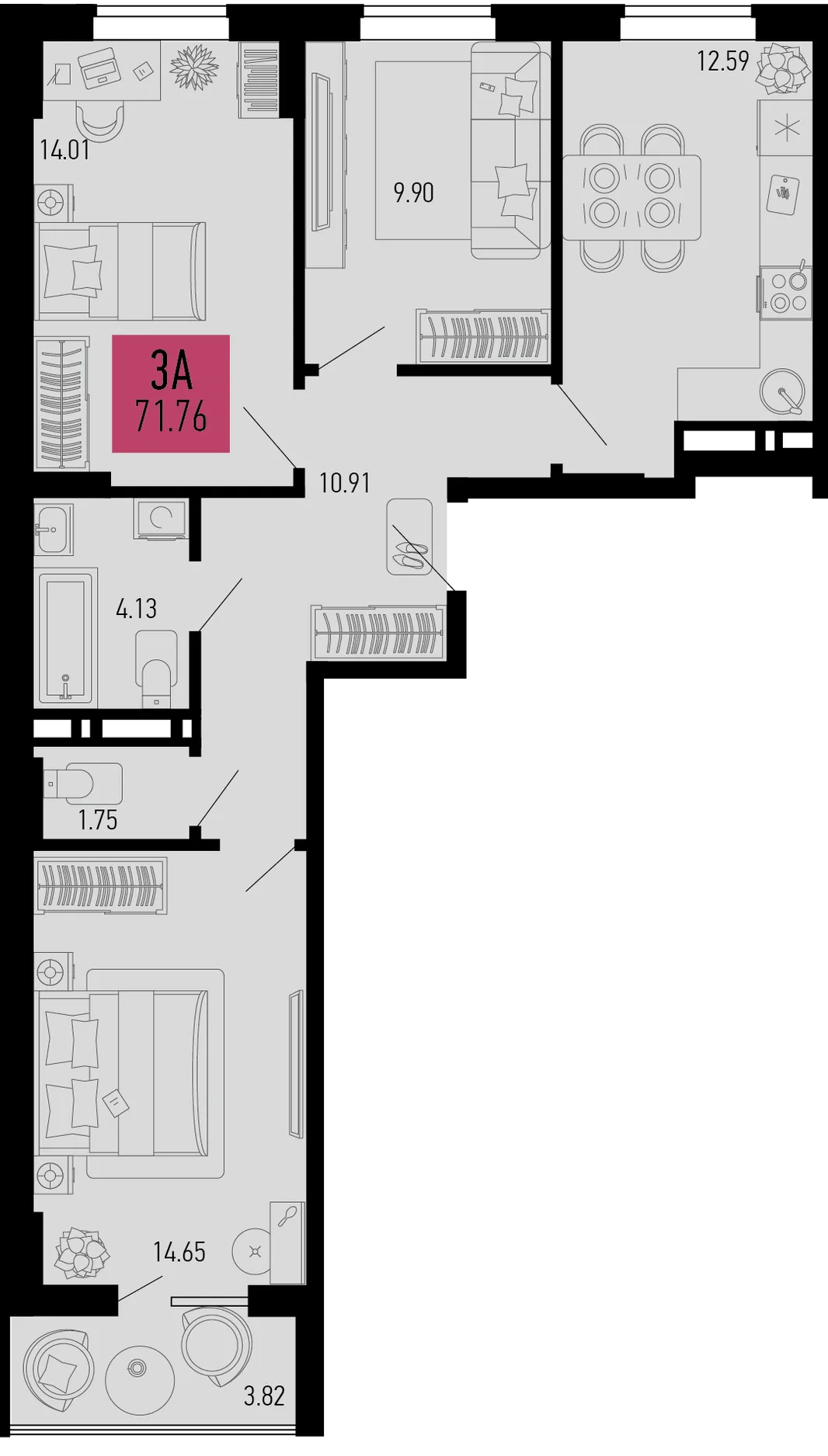Планировка 3-комн. квартира, 71.76 м² ЖК «Столицыно»