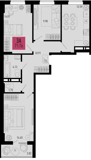 Планировка 3-комн. квартира, 71.76 м² ЖК «Столицыно»