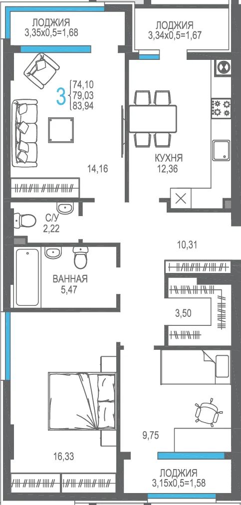 Планировка 3-комн. квартира, 79.03 м² ЖК «На Фонтанке» Планировка 3-комн. квартира, 79.03 м² ЖК «На Фонтанке»