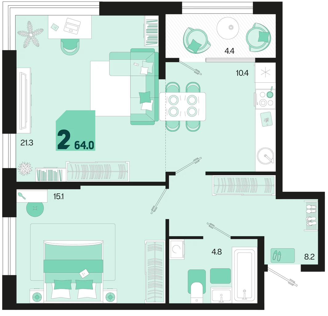 Планировка 2-комн. квартира, 64 м² ЖК «Первое место»