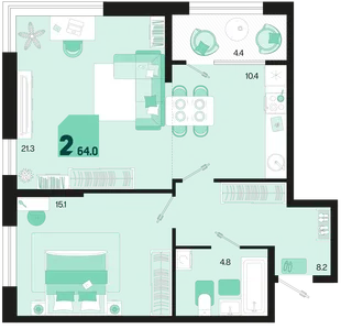 Планировка 2-комн. квартира, 64 м² ЖК «Первое место»