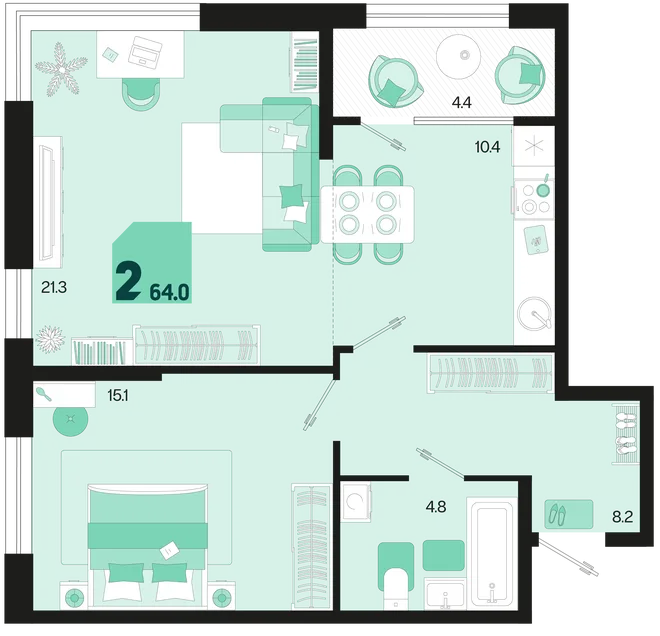 Планировка 2-комн. квартира, 64 м² ЖК «Первое место» Планировка 2-комн. квартира, 64 м² ЖК «Первое место»