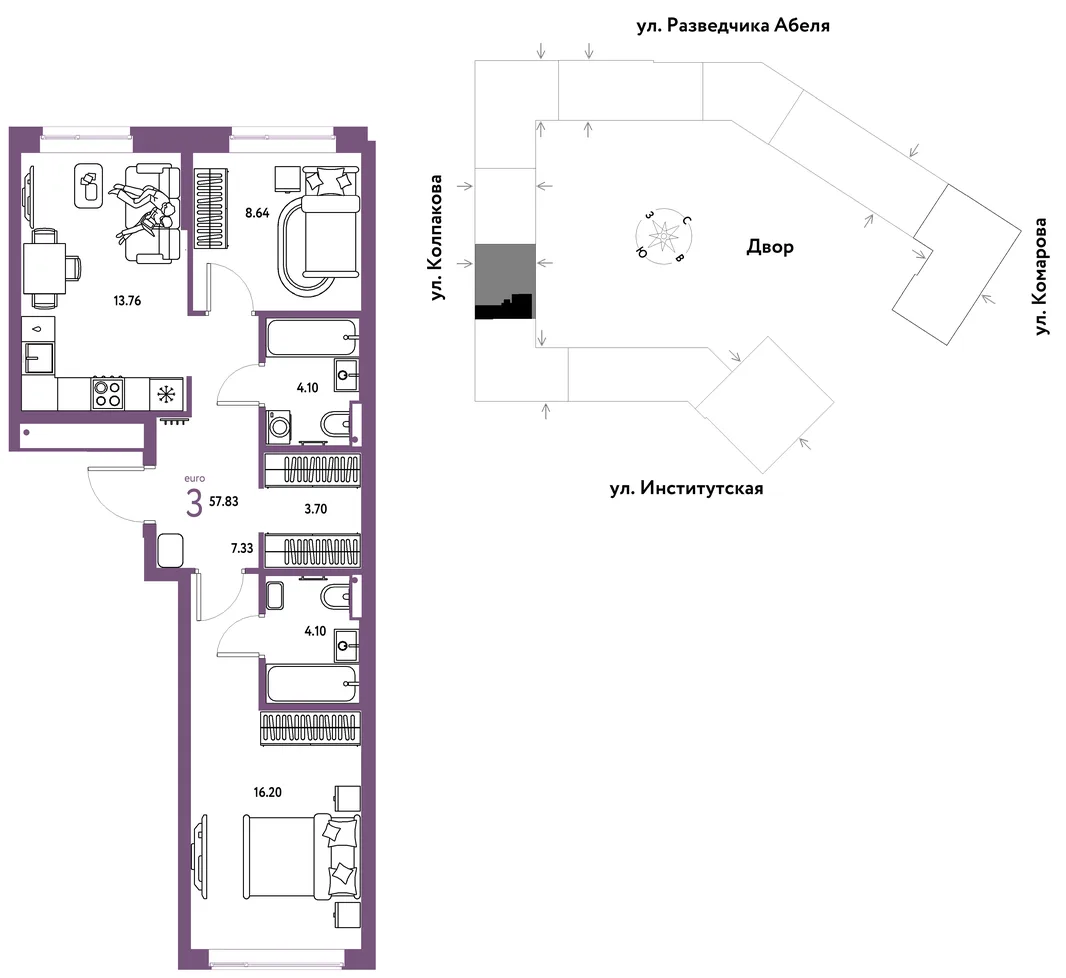 Планировка 3-комн. квартира, 57.83 м² ЖК «Страна.Парковая»