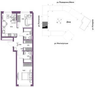 Планировка 3-комн. квартира, 57.83 м² ЖК «Страна.Парковая»