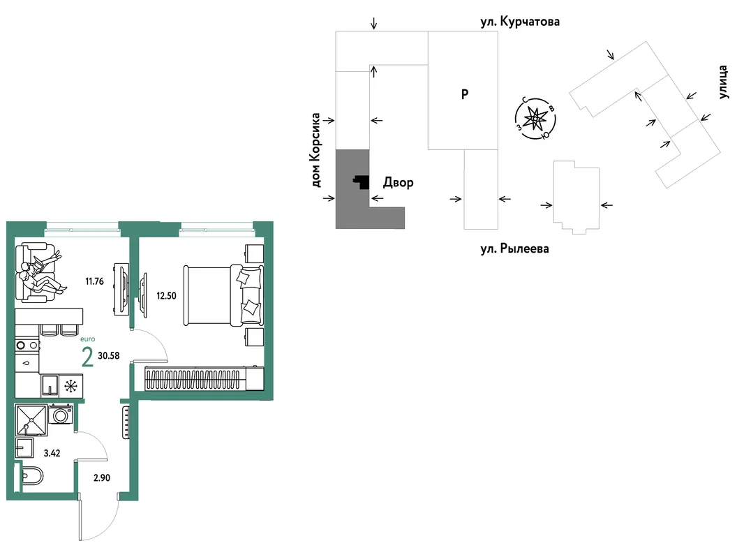 Планировка 2-комн. квартира, 30.58 м² ЖК «Остров-сад»