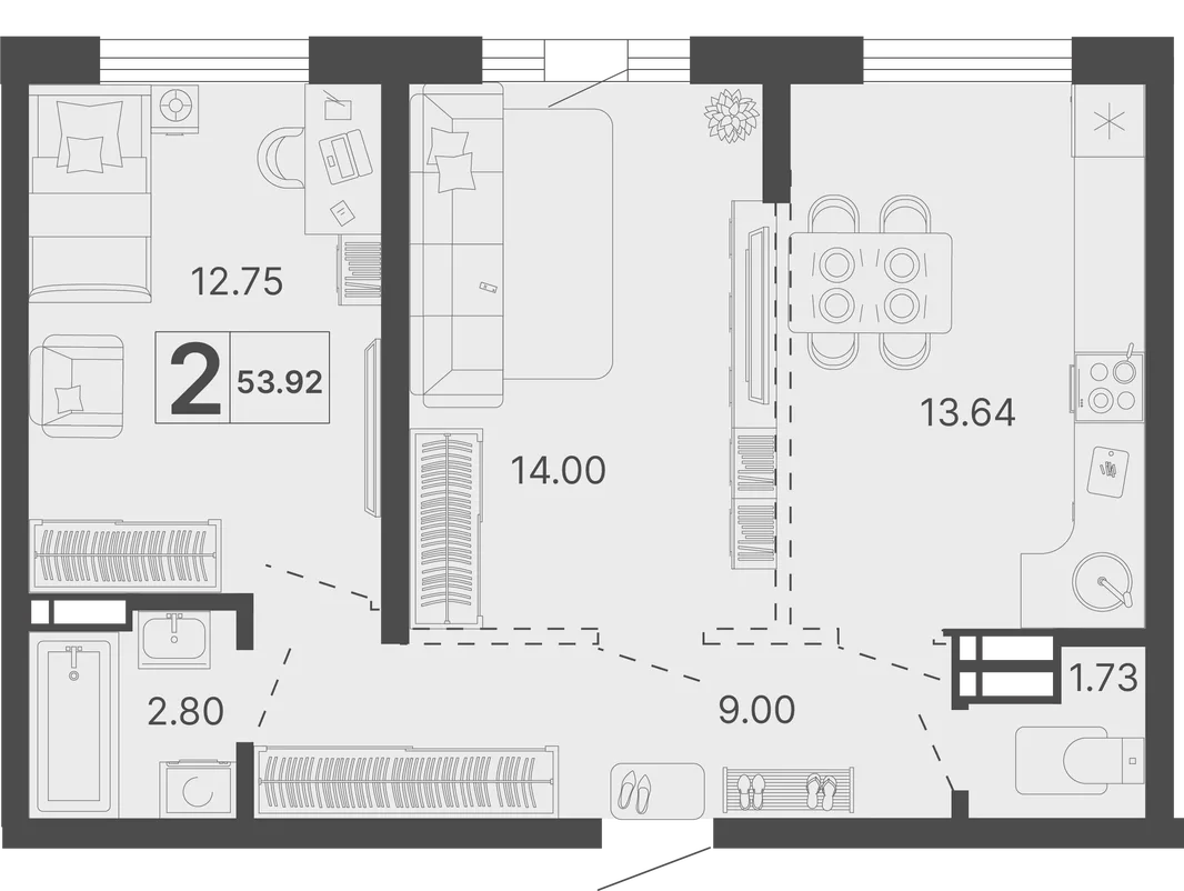 Планировка 2-комн. квартира, 53.92 м² ЖК «Светский лес»