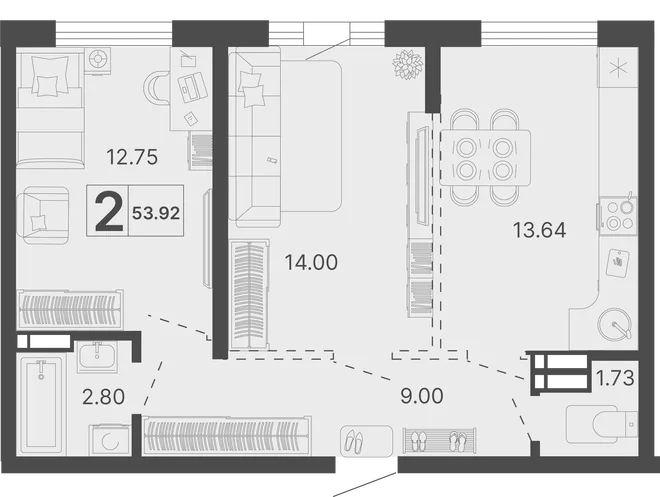 Планировка 2-комн. квартира, 53.92 м² ЖК «Светский лес» Планировка 2-комн. квартира, 53.92 м² ЖК «Светский лес»