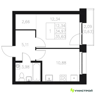 Планировка 1-комн. квартира, 35.6 м² ЖК «Statum»