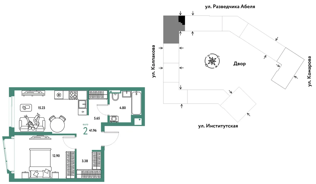 Планировка 2-комн. квартира, 41.96 м² ЖК «Страна.Парковая»