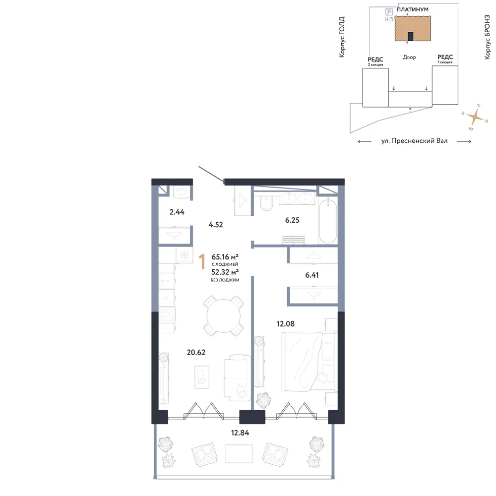 Планировка 1-комн. квартира, 65.16 м² ЖК «Репаблик»