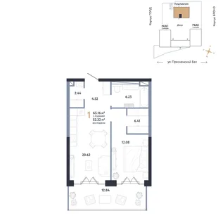Планировка 1-комн. квартира, 65.16 м² ЖК «Репаблик»