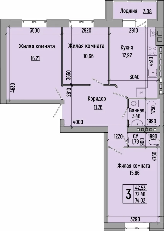 Планировка 3-комн. квартира, 74.02 м² ЖК «мкр. Долина»