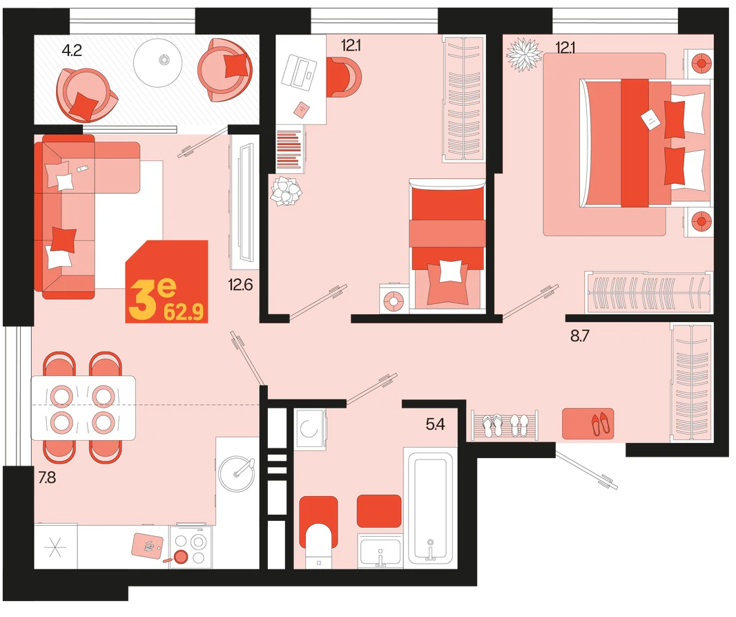 Планировка 3-комн. квартира, 62.9 м² ЖК «Первое место»