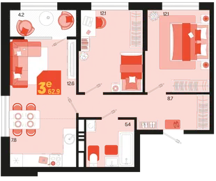 Планировка 3-комн. квартира, 62.9 м² ЖК «Первое место»