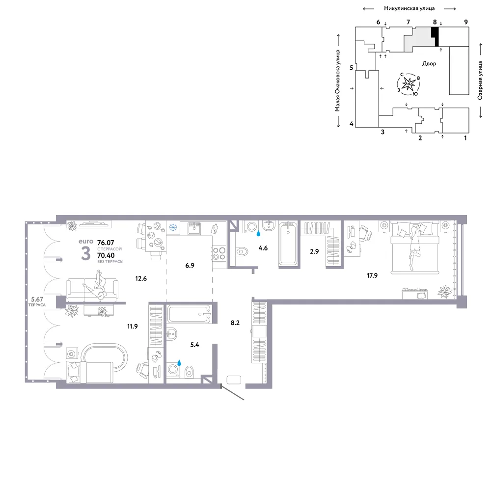 Планировка 3-комн. квартира, 76.07 м² ЖК «Страна.Озёрная»