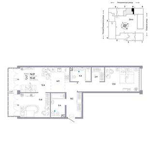 Планировка 3-комн. квартира, 76.07 м² ЖК «Страна.Озёрная»