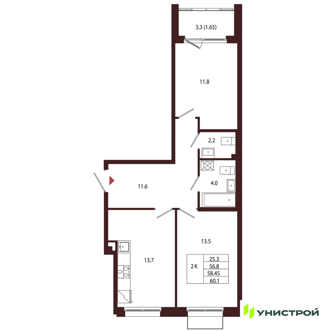 Планировка 2-комн. квартира, 58.45 м² ЖК «Лисино»