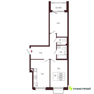 Планировка 2-комн. квартира, 58.45 м² ЖК «Лисино»