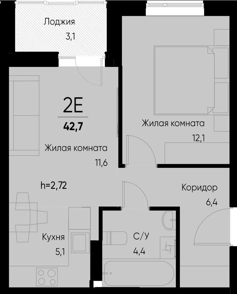 Планировка 2-комн. квартира, 42.7 м² ЖК «Васильевский остров»